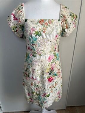 Aqua Brand New Floral Eyelet Lace Puff Sleeve Midi Dress